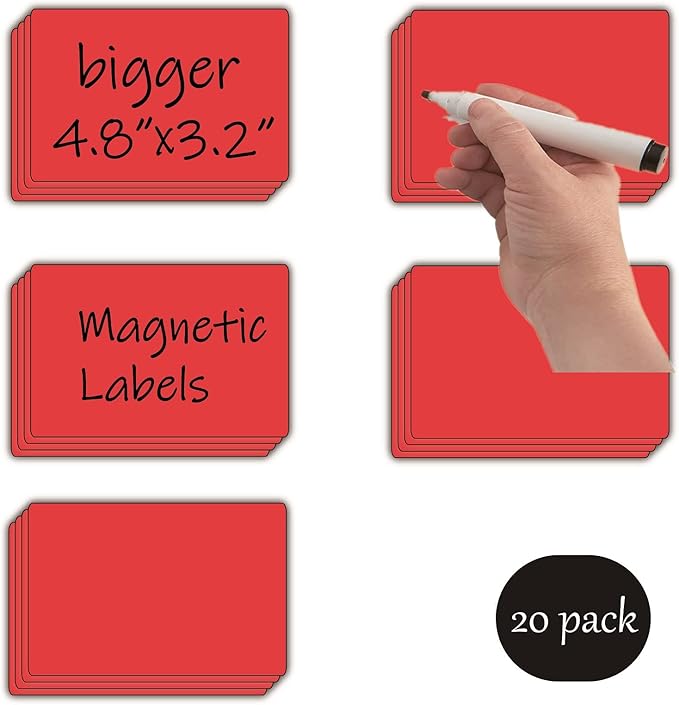 Dry Erase Big Magnetic Labels (4.8x3.2",Pack of 20),Large Write On Magnets Name Plates Sticker,Waterproof/Reusable for Refrigerator&Lockers&Whiteboard&Cabinet(Red)