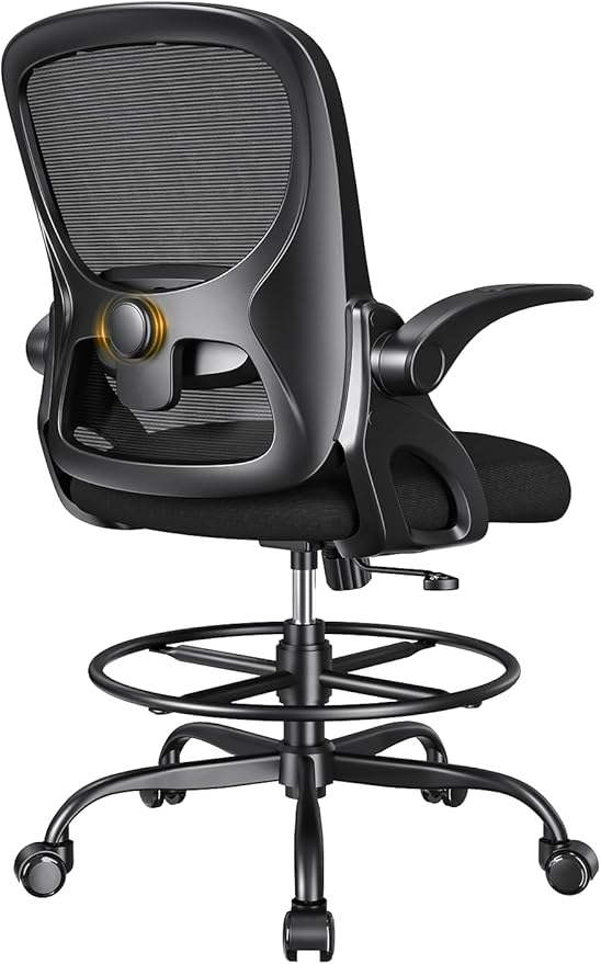 Drafting Chair Tall Office Chair with Flip-up Armrests Ergonomic Computer Standing Desk Chair with Comfy Lumbar Support and Adjustable Footrest Ring for Bar Height Desk(Black-Black)