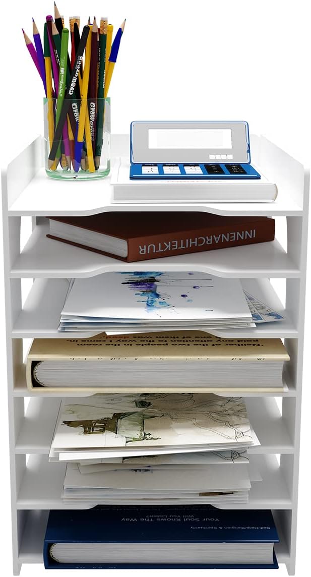 Natwind 7 Tiers Paper Organizer for Desk Desktop White File Holder Office Desk Organizer Mail Letter Tray & Paper Sorter Document Notebooks Storage Rack for Home Office School Classroom