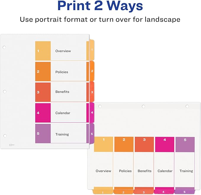 Avery 5 Tab Dividers for 3 Ring Binders, Customizable Table of Contents, Multicolor Tabs, 1 Set (11131)