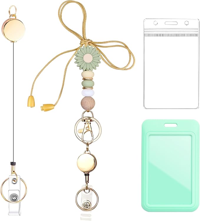 Colorful ID Badge Holder with Silicone Beads Lanyard Set,Cute Teacher Breakaway Lanyard for Keys & Keychain with Cute Retractable Badge Reel Holder,Gift for Women,Nurse, Teacher. (Green Daisy)