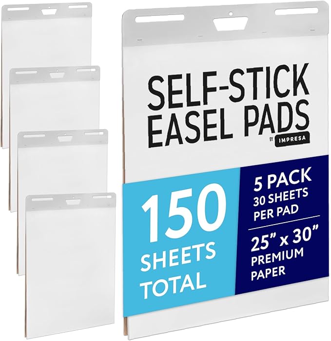 IMPRESA Large Sticky Easel Pads - 5 Pack (30 Sheets Per Pad) - Flip Charts for Classroom and Office - Sticks onto Walls and Whiteboards - White Premium Paper - No Residue (150 Sheets Total)