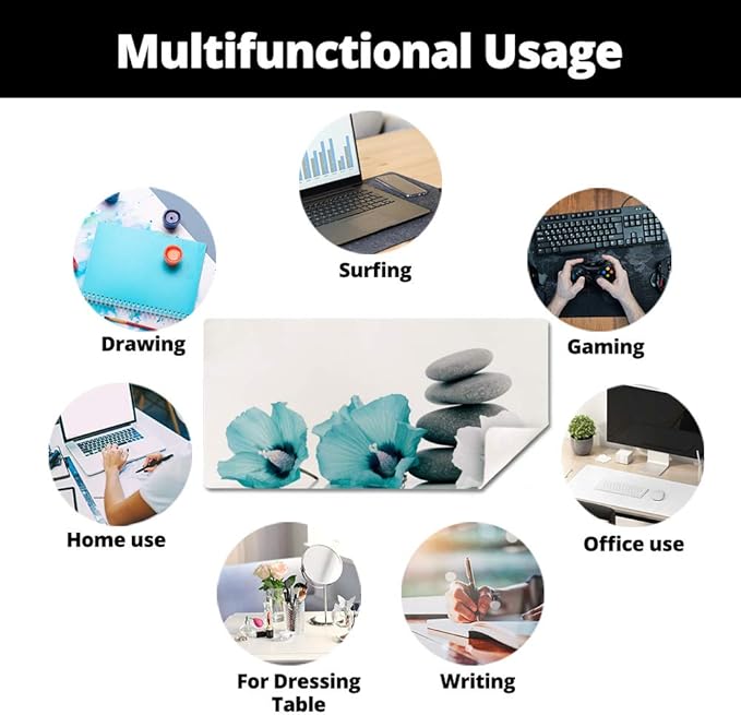 QIYI Desk Pad, Non-Slip PU Leather Desk Blotter Protector, Kids Floral Print Waterproof Computer Desk Mat, Thick Home & Office Large Keyboard Mouse Pad 31.5" x 15.7" - Pebbles & Blue White Flowers