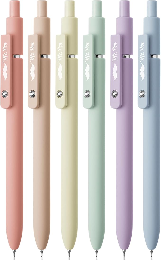 Mr. Pen- Retractable Gel Pens, 6 Pack, Pastel Barrels, Black Gel Pens, Fast Dry, Gel Pens Fine Point 0.7mm, Retractable Pens, Cute Pens, Gel Ink Pens, Black Pens, Aesthetic Pens for Journaling