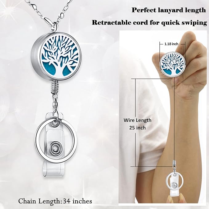 Retractable Lanyard for ID Badges Holder Badge Reels Retractable for Nurses Diffuser Necklace Lanyards for Women Silver Stainless Steel Chain Lanyard for Teacher Office Worker Tree of Life