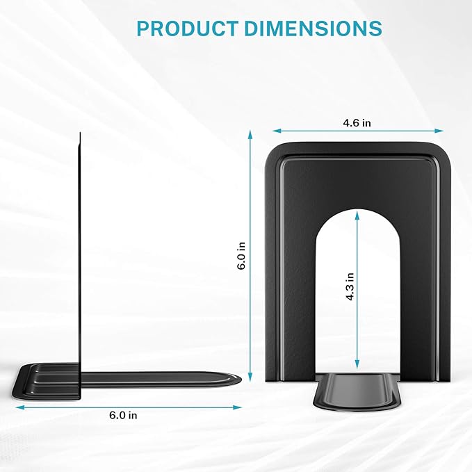 MaxGear Premium Matte Painted Book Ends, Heavy Duty ＆ Sturdy Bookends for Shelves, Office Non-Skid Metal Book End, Book Stopper for Books/CDs/DVDs, 6 x 4.6 x 6 in, Black (2 Pairs/4 Pieces, Large)