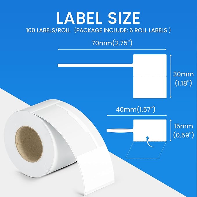 Jewelry Price Label Tags Roll Compatible with Clabel Label Maker,White Stickers Thermal Paper Self-Adhesive Rectangle Tape,600 PCS Labels 6 Roll 1.18x2.75 Inch (30x70mm) for Necklace Earring Identify