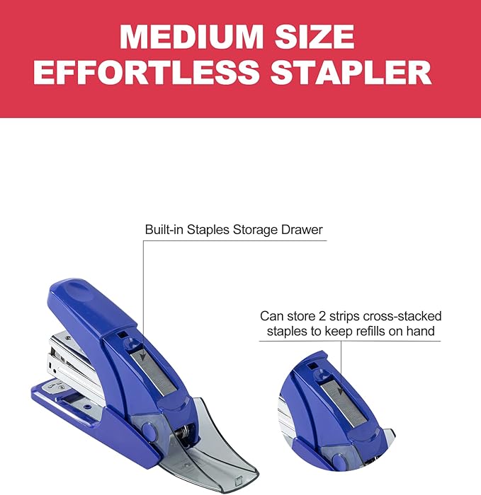 PAPERPAL Effortless Standard Stapler Set, 20 Sheet Capacity, Half Strip, Built-in Staples Storage, Holds 1/4" Staples, Includes 1000 Staples and A Staple Remover, Office, School & Daily Use, Dark Blue