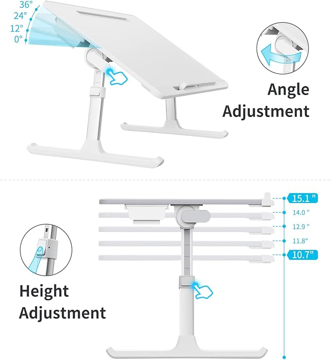 Laptop Bed Tray Table, SAIJI Adjustable Bed Desk for Laptop, Foldable Laptop Stand with Storage Drawer for Eating, Working, Writing, Gaming, Drawing (White, X-Large)