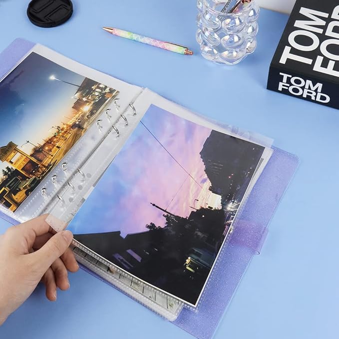 Purple Giltter PVC Kpop Photocard Binder Loose Leaf 6-Ring Wide A5 Photocards Holder with 8 Inch 50 Pockets Photo Pages Transparent Card Sleeve Protectors Page for Photos Cards Album Folder Organizers