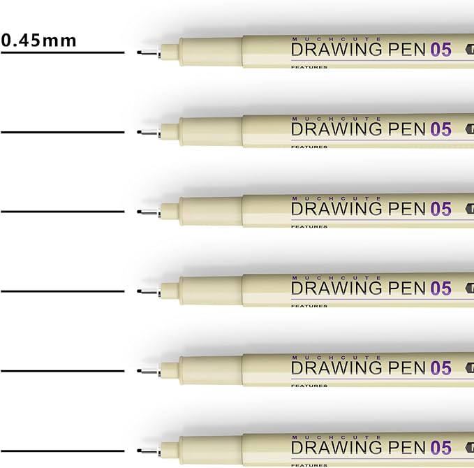 Muchcute 05 Fine Point Writing Pens: 6 Black 0.45mm Thin Micron Pen 05 No Bleed Bible Journaling Study Supplies Annotation Smooth Waterproof Micro Line Needle Tip Fineliner Gel Felt Ink Markers Stuff