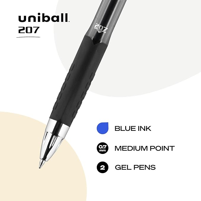 Uniball Signo 207 Gel Pens, 0.7mm Medium Blue, 2 Pack, Archival-Quality Ink, Quick-Drying, Water-Resistant, Stainless Steel Tip