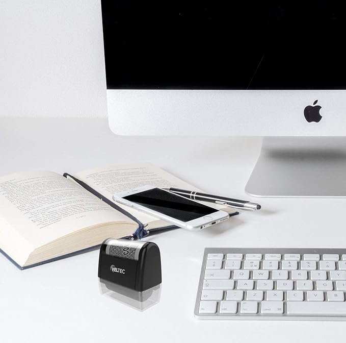 Veltec ID Protector Ink Roller - Identity Theft Protection Roller Stamp Set (Black, Stamp+6 Refills)