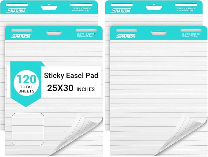 Lined Sticky Easel Pad, 25 in x 30 in,Flip Chart Paper,Sticky Chart Paper for Teachers, Large Self-Stick Easel Paper,Super Sticky & Bleed-Resistant,30 Sheets/Pad,4 Pads