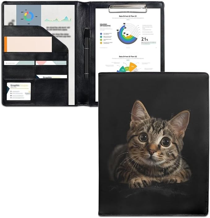 Office Folder Cute Cat Print PU Leather Padfolio with A4 Size Clipboard Clip for Business Resume Interview Document Sleeve Binder Folder for Men/Women