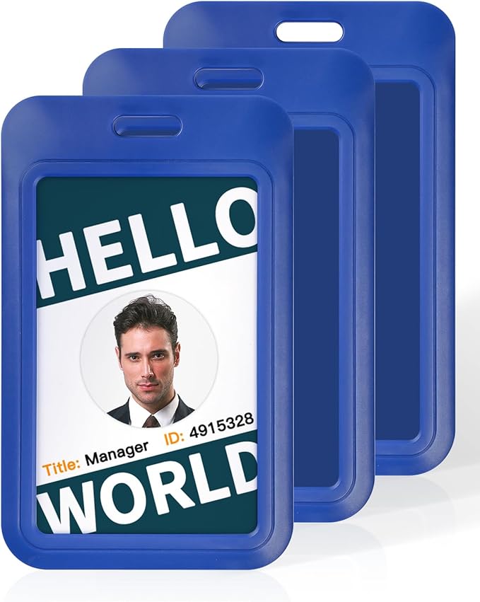 Uniclife 3 Pack Sliding ID Badge Holder Vertical Hard Plastic Case with Clear Window Blue Card Protector Pouch for Office School ID Credit Cards Proximity Key Cards Driver’s Licenses and Passes