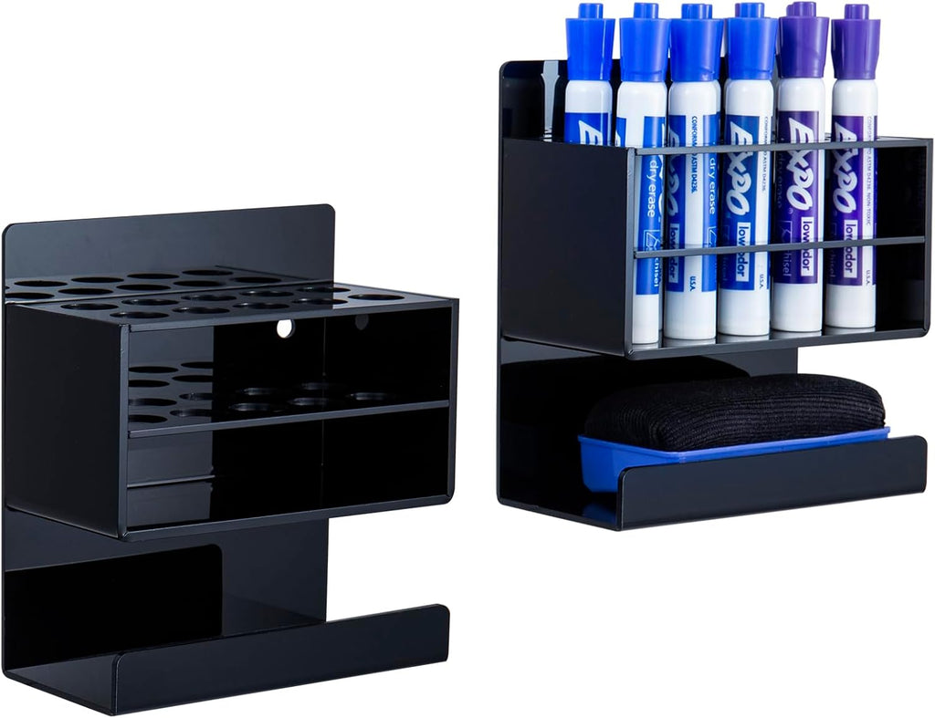 MyGift Wall Mounted Dry Erase Whiteboard Marker Holder Stand with 10 Marker Slots and Eraser Holder, Black Set of 2