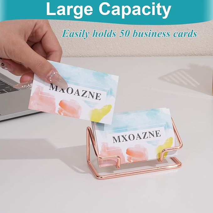 Rose Gold Business Card Holder for Desk, Metal Desk Business Card Holder Display Stand for Women, Fits 50 Business Cards, 1 Pack