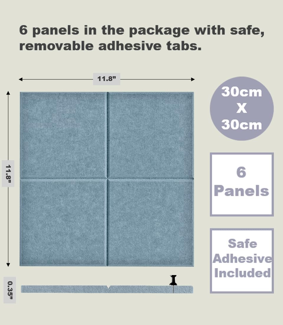 Cork Board 24 x36 Alternative - 6 Pack Felt Wall Tiles with Safe Removable Adhesive Tabs, Cork Boards for Walls Home Office Pin Board Tack Board Cork Board - Gray Blue