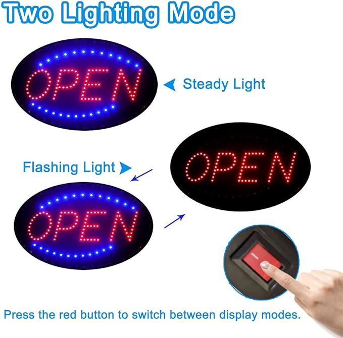KEBE LED Open Sign, Bright High Visibility Advertisement Board Electric Display Sign Flashing Light for Business Walls Window Shop Bar Hotel, Two Modes (19"x10")