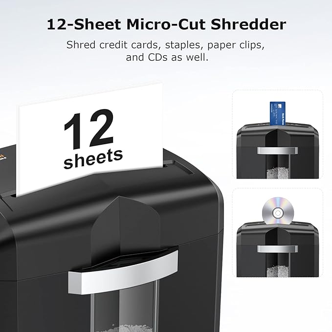 bonsaii 12-Sheet Micro Cut Shredders for Home Office, 60 Minute P-4 Security Level Paper Shredder for CD, Credit Card, Mails, Staple, Clip, with Jam-Proof System & 4.2 Gal Pullout Bin C266-B