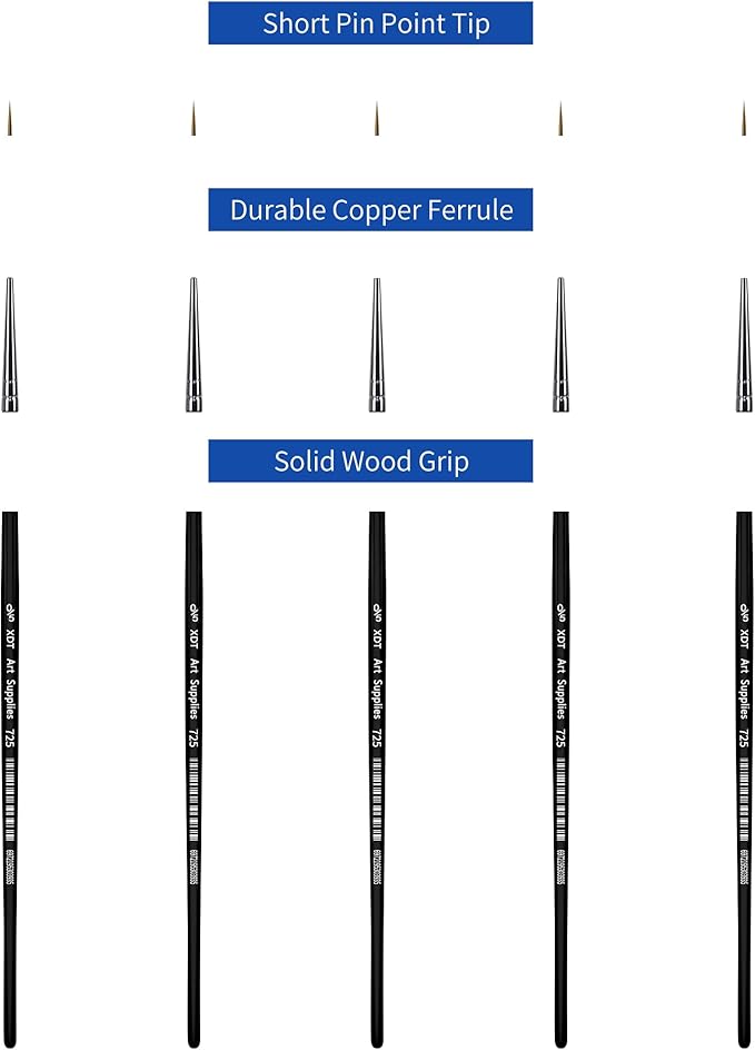 XDT#725 Micro Detail Artist Pin Point Painting Brush Set of 5 Piece #00000 Brushes Set, Acrylic Watercolor Oil, Fine Detailing Painting, Art, Scale Models, Easy Grip Handles.