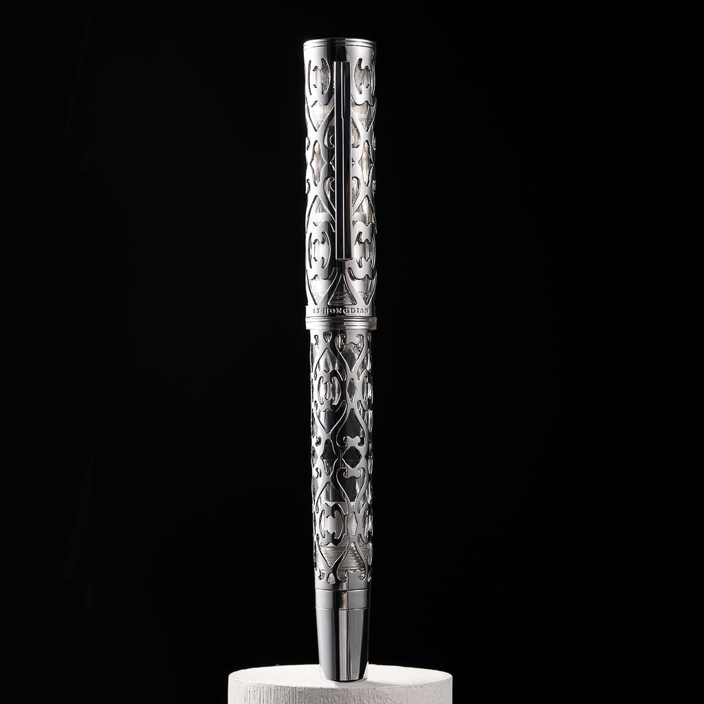 Hongdian D1 Piston Fountain Pen Fine Nib, Hollow Skeleton & Resin with Metal Case Set (Silver)