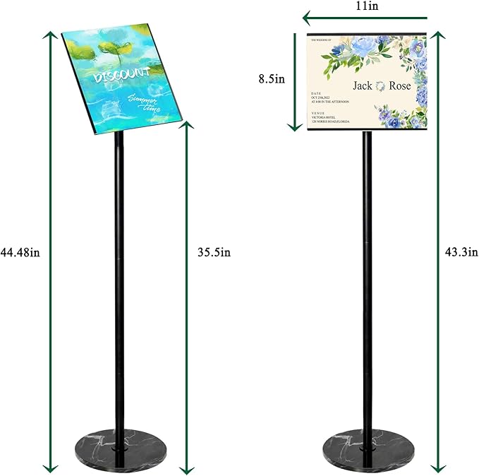 Adjustable Sign Holder 8.5 x 11, Floor Standing Sign Holder with Heavy Duty Marble Pedestal, Both Vertical & Horizontal View Sign Displayed Poster Stand for Store Business Show, 2 PACK（Round）