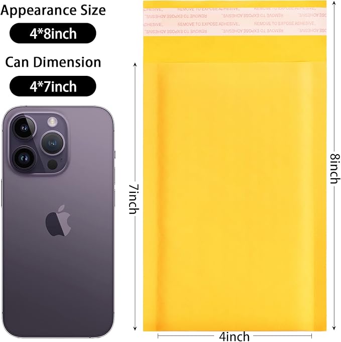 DaSen Kraft bubble mailers 4x7 Inch 50 Pack,Self-Sealing Paper Envelopes for Packaging,Strong Adhesion Envelope Mailers, Small Waterproof Cushioned Padded Shipping Bags Yellow #000