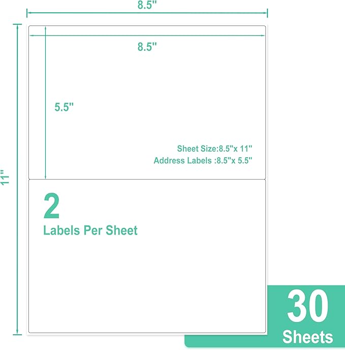 L LIKED 30 Sheets 5.5 x 8.5 Inches Shipping Address Labels for Laser/Ink Jet Printer - 30 Sheets