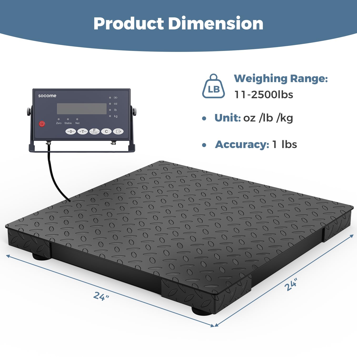24"x24" Industrial Floor Scale, Precision Pallet Scale with Digital Indicator, Heavy Duty Weighing Scale for Floor Bench Office Weight Weighing, 2500 lb x 1 lb, Black