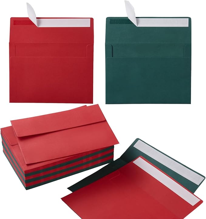 Wishop 100 Pack Christmas A7 Envelopes Self-Adhesive 5x7 Envelopes for Invitations, 5x7 Greeting Cards (Christmas Green/Red, 5.24 x 7.21 Inches)