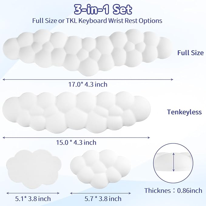 Cloud Wrist Rest Keyboard, Cloud Palm Rest Set with PU Leather Memory Foam, Cute Keyboard Rest for Wrist Support and Arm Rest, Desk Cloud Wrist Pad for PC/Gaming/Hand Cushion/Computer-White