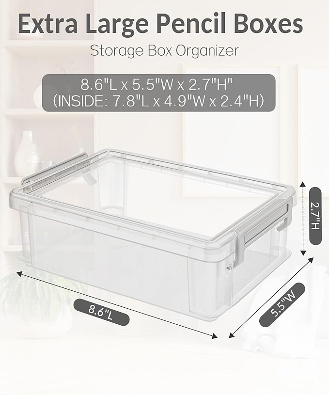 Sooez 6 Pack Extra Large Pencil Box, Plastic Pencil Case Crayon Box Bulk, Clear Marker Organizer Plastic Containers with Lid, Stackable Storage Box for Craft, Pen, Art, School Supply, Multicolor