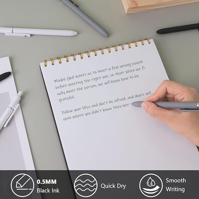 FIOVER Gel Pens,6Pcs Fine Point Smooth Writing Pens 0.5mm Black Gel Ink, High-End Series Ballpoint for Journaling Note Taking, Gifts for Women Men (6pcs-Black, Gray, White)