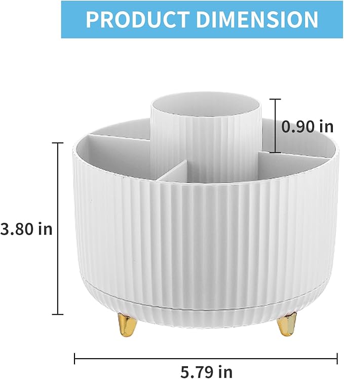 Marbrasse Desk Organizer, 360-Degree Rotating Pen Holder for Desk, Desk Organizers and Accessories with 5 Compartments Pencil Organizer, Art Supply Storage Box Caddy for Office, Home （White）