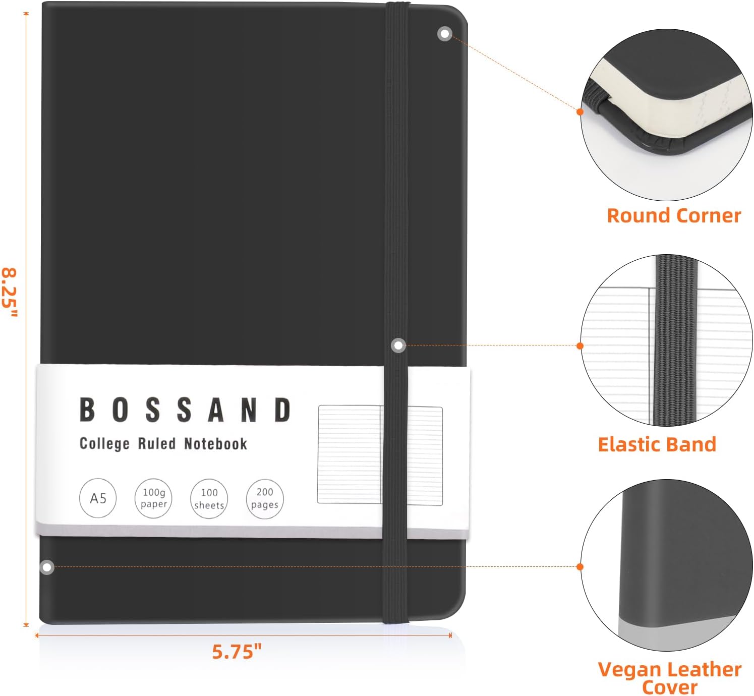 BOSSAND Lined Journal Notebooks, 6 Pack A5 Journals for Writing, 200 Pages 100 GSM Thick College Ruled Paper, Hardcover, 8.25 inches x 5.75 inches, Black