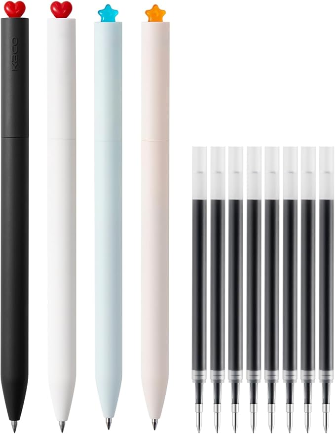 Kaco FIRST Gel Pens, Cute Stationery, 4 Pieces with Extra 8 Black Refills Cute Heart Star Pen Set (2 Star & 2 Heart)