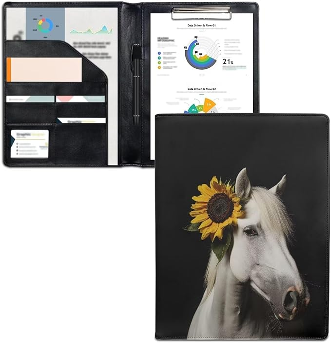 Office Folder White Horse Sunflower Print Leather Padfolio with A4 Size Clipboard Clip for Business Resume Interview Document Sleeve Binder Folder for Men/Women