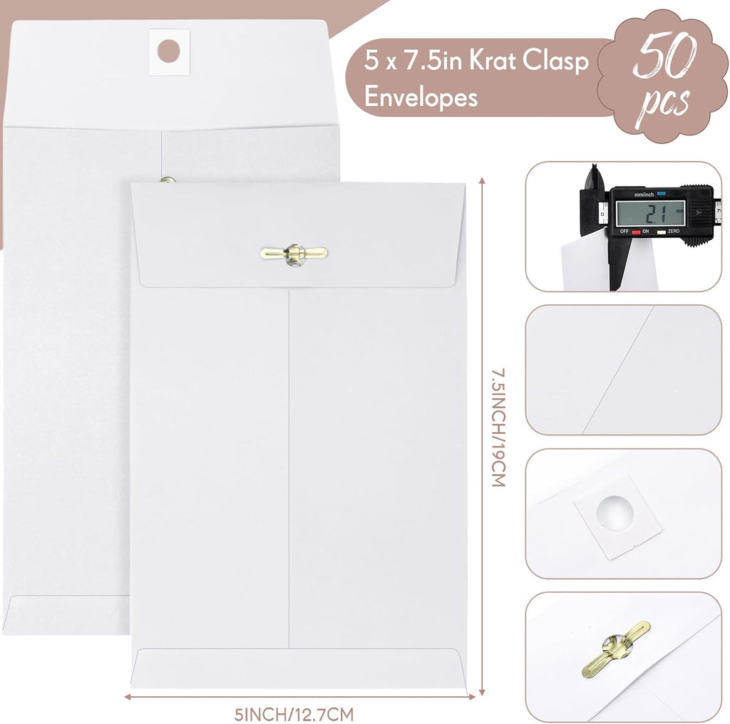 Teling 50 Pcs 5 x 7.5 Manilla Envelopes Clasp Kraft Catalog with Closure for Storing Mailing 28 lb Kraft Envelope Paper for Office Document School Business Home(White)
