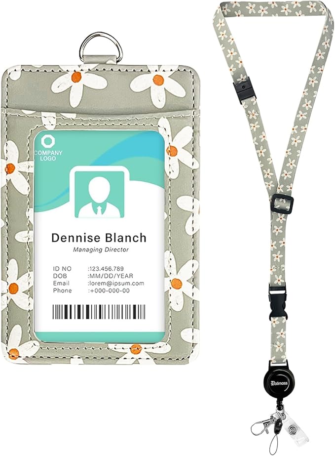 bolimoss Cute Flowers Lanyard for ID Badge Card, Breakaway Neck Lanyards with Retractable Badge Reels Quick-Release Buckles and Adjustable Straps with Leather Card Badge Holders