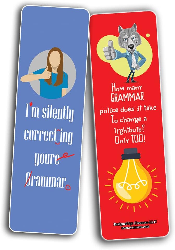 Creanoso Funny English Grammar Mistakes Bookmarks (2-Sets X 6 Cards) – Daily Inspirational Card Set – Interesting Book Page Clippers – Great Gifts for Adults and Professionals