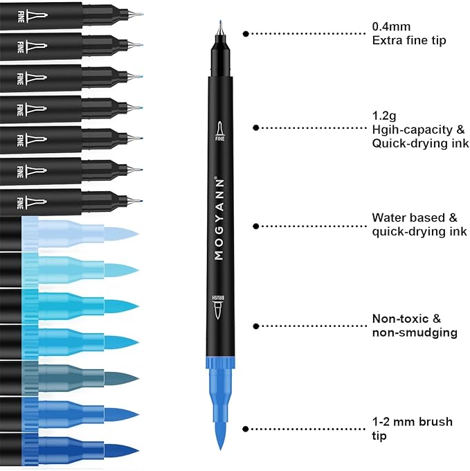 Mogyann Blue Markers, 12 Pack Dual Brush Pens Drawing Markers for Art Sketching