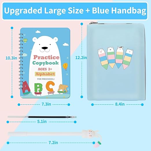 Reusable Grooved Handwriting Practice Workbook,Magic Practice Copybook,Reusable Writing Practice Book, for Preschool Kids Age 3-8 Calligraphy (Blue Bag, 10.3inx7.3in)
