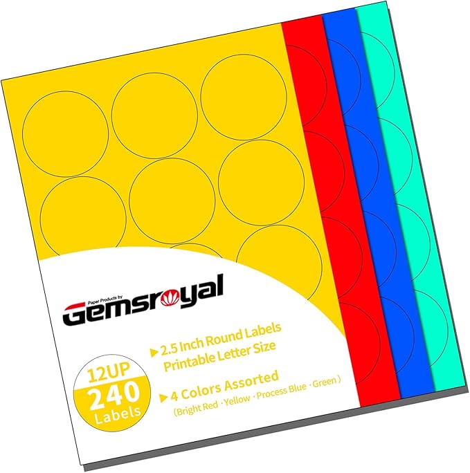 2.5 Inch Colored Round Labels,4 Colors Assorted(Red,Yellow,Blue,Green),20 Sheets,240 Tags in Total,Color Coding Labels for Laser/Inkjet Printers,2.5" Colorful Dot Stickers,Letter Size