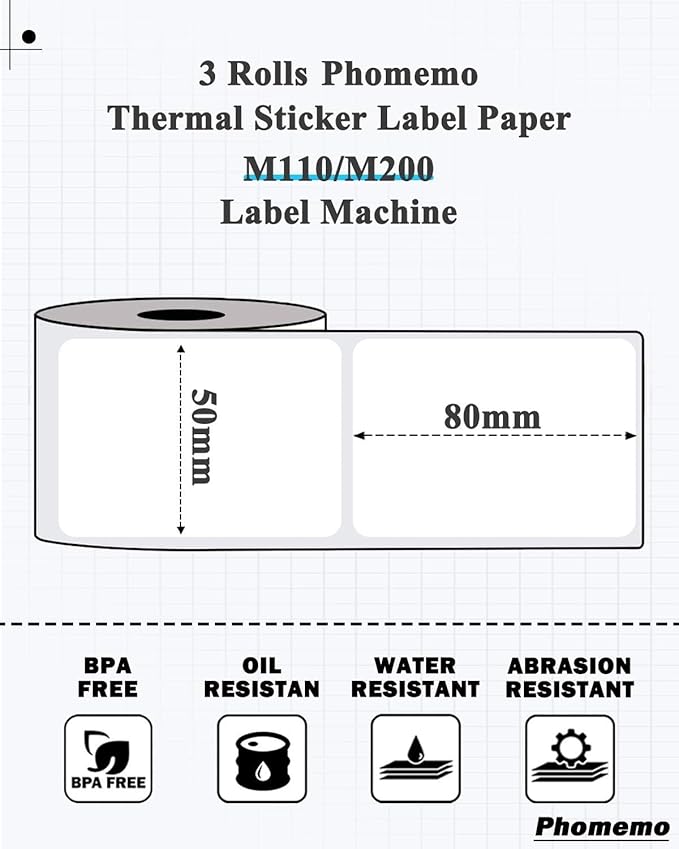 Phomemo M220 Labels - 3 Rolls, 100 Labels/Roll, Square, Black on White, 1.97"x3.15" (50x80mm), Compatible with M110/M220/M221/M120/M200 Printers