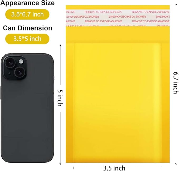 Dasen Kraft Bubble Mailers 3.5x5 Inch 100 Pcs,Small Self-Sealing Waterproof Cushioned Mail Shipping Bags,Yellow Padded Envelopes #0000