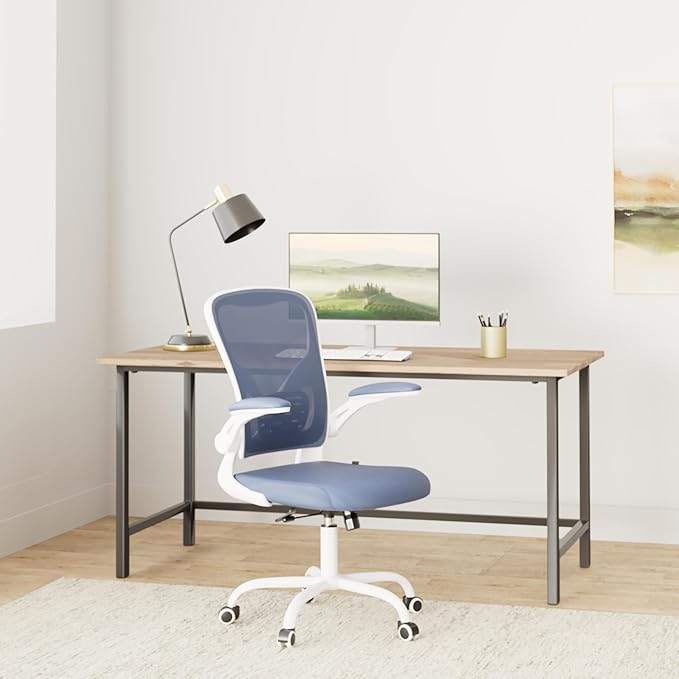 Flysky Ergonomic Office Desk Chair Breathable Mesh Swivel Computer Chair, Lumbar Back Support Task Chair, Office Chairs with Wheels and Flip-up Arms, Adjustable Height(White & Blue)