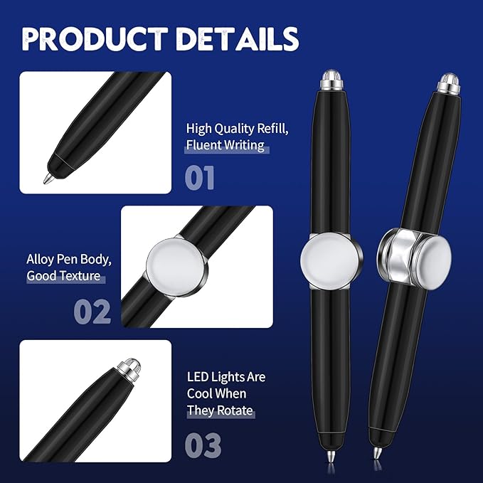 Chinco 2 Pieces Fidget Spinning Pen with LED Light Multi Functional Help Thinking Ballpoint Gift Pen for Adults Students Teenage(Black)