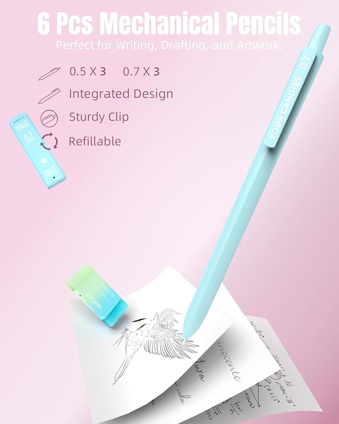 Four Candies 39 PCS Aesthetic School Supplies with Cute Pen Case, 12 Pastel Highlighters, 5 Black Ink Gel Pens, 6 Mechanical Pencils Set 0.5 & 0.7 mm for Students Stationary College Essentials (Pink)